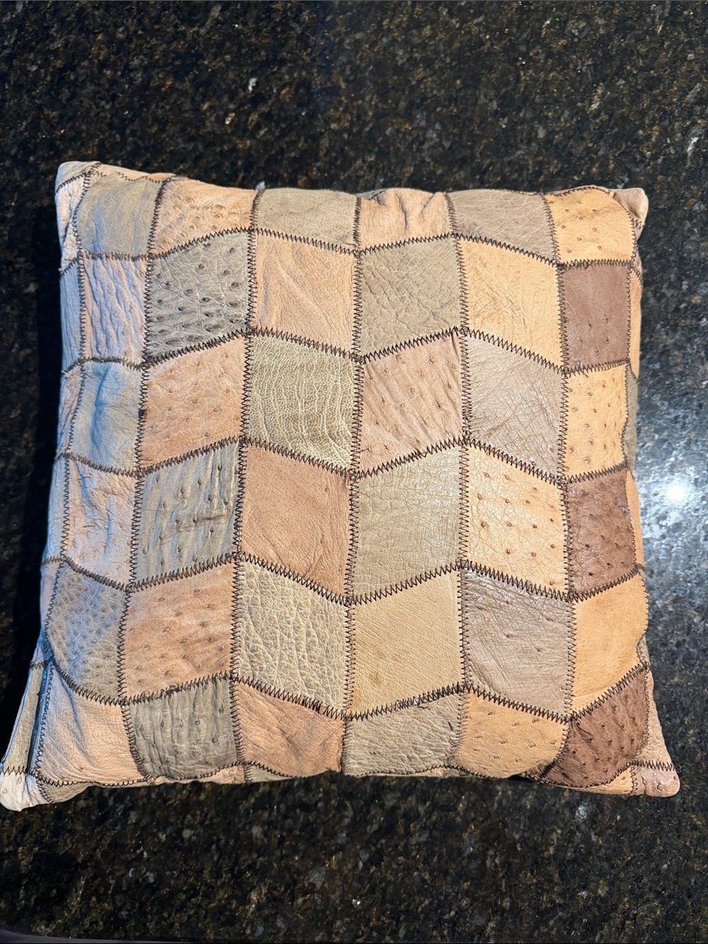 Patchwork Leather Accent Pillow - Neutral Tan & Cream